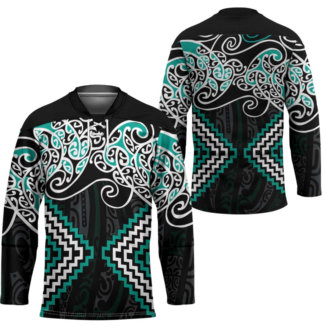 Turquoise Aotearoa Tukutuku Manawa Tapu Hockey Jersey Ta Moko Toi Maori - Polynesian Pride