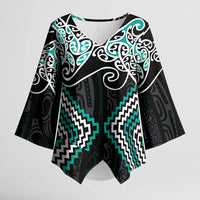 Turquoise Aotearoa Tukutuku Manawa Tapu Kimono Sleeve Blouse Ta Moko Toi Maori - Polynesian Pride