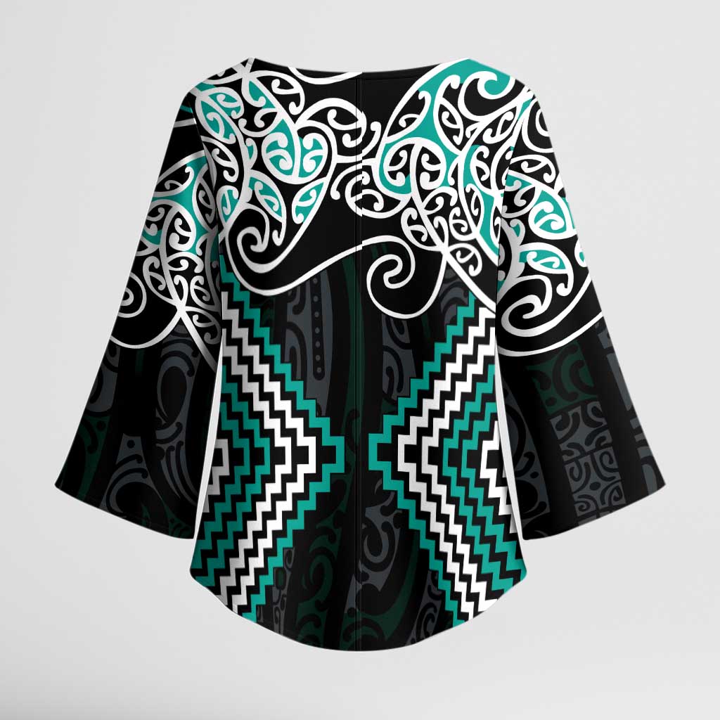 Turquoise Aotearoa Tukutuku Manawa Tapu Kimono Sleeve Blouse Ta Moko Toi Maori - Polynesian Pride
