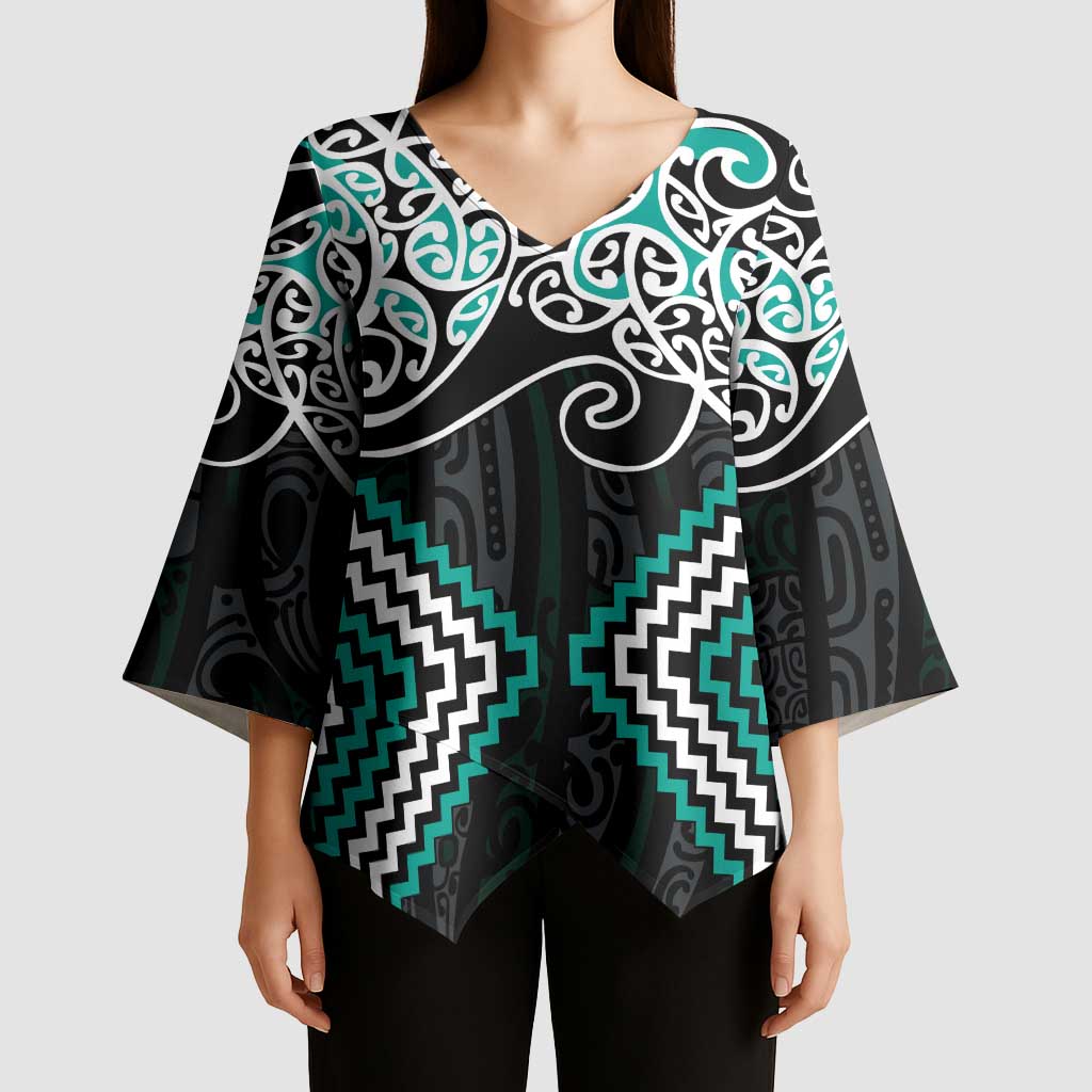 Turquoise Aotearoa Tukutuku Manawa Tapu Kimono Sleeve Blouse Ta Moko Toi Maori - Polynesian Pride