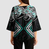 Turquoise Aotearoa Tukutuku Manawa Tapu Kimono Sleeve Blouse Ta Moko Toi Maori - Polynesian Pride