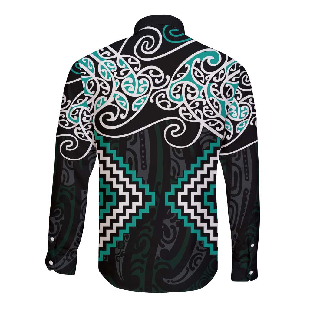 Turquoise Aotearoa Tukutuku Manawa Tapu Long Sleeve Button Shirt Ta Moko Toi Maori LT9 - Polynesian Pride