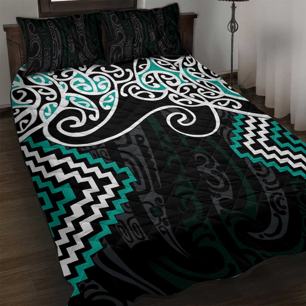 Turquoise Aotearoa Tukutuku Manawa Tapu Quilt Bed Set Ta Moko Toi Maori LT9 Turquoise - Polynesian Pride