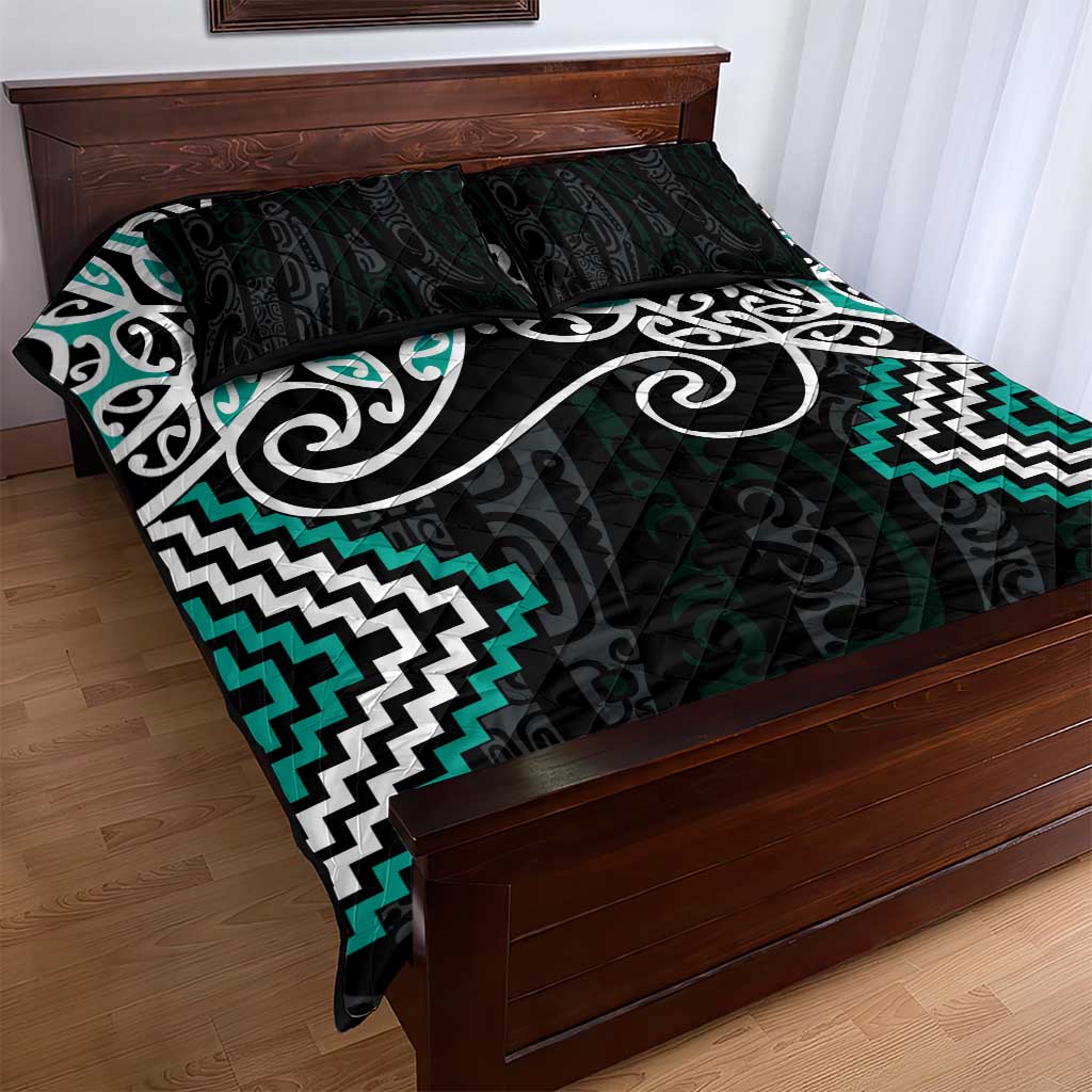 Turquoise Aotearoa Tukutuku Manawa Tapu Quilt Bed Set Ta Moko Toi Maori LT9 - Polynesian Pride
