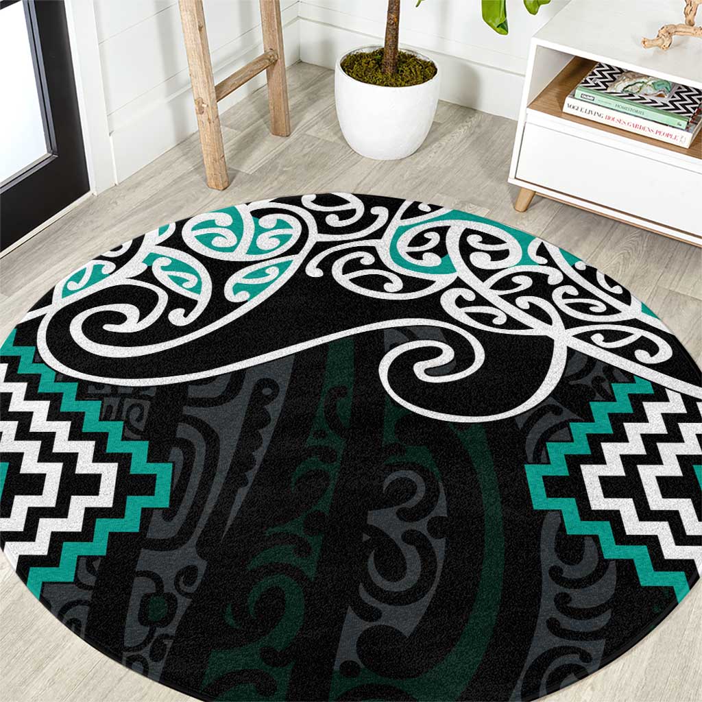 Turquoise Aotearoa Tukutuku Manawa Tapu Round Carpet Ta Moko Toi Maori