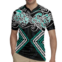 Turquoise Aotearoa Tukutuku Manawa Tapu Rugby Jersey Ta Moko Toi Maori