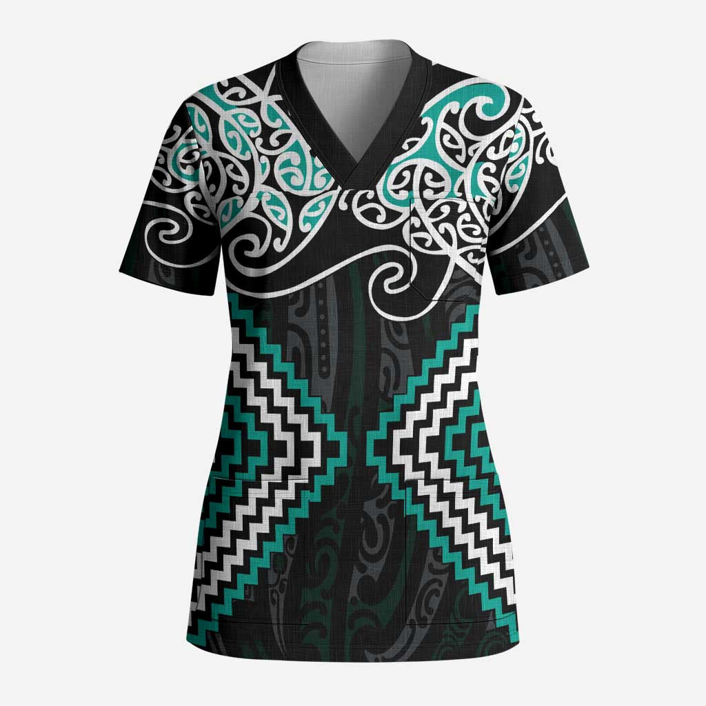 Turquoise Aotearoa Tukutuku Manawa Tapu Scrub Top Ta Moko Toi Maori - Polynesian Pride