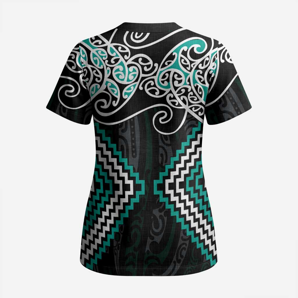 Turquoise Aotearoa Tukutuku Manawa Tapu Scrub Top Ta Moko Toi Maori - Polynesian Pride