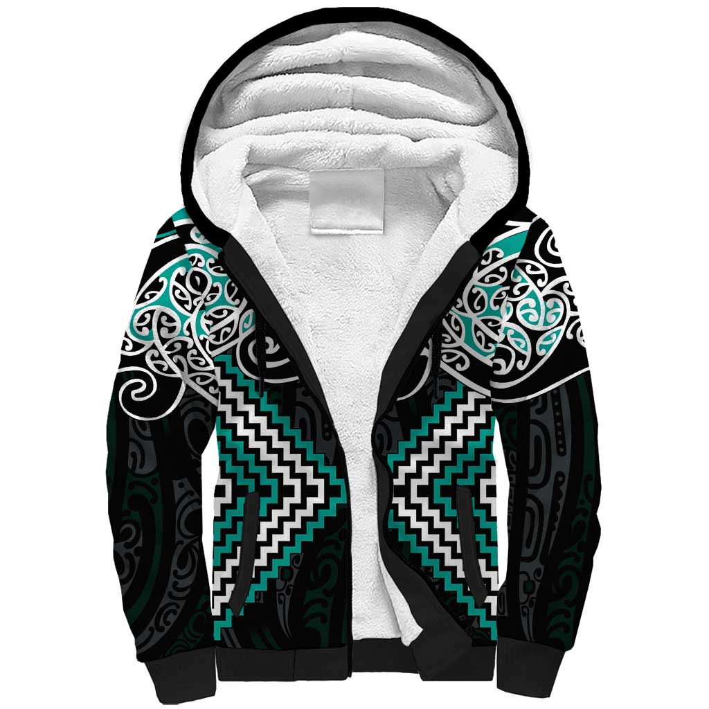 Turquoise Aotearoa Tukutuku Manawa Tapu Sherpa Hoodie Ta Moko Toi Maori LT9 Unisex Turquoise - Polynesian Pride