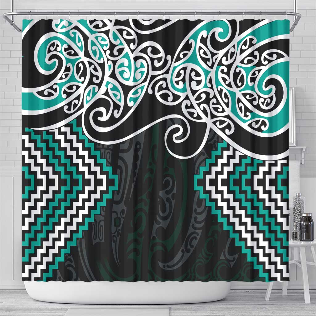 Turquoise Aotearoa Tukutuku Manawa Tapu Shower Curtain Ta Moko Toi Maori