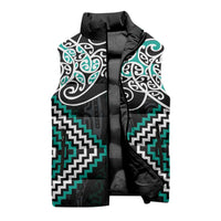 Turquoise Aotearoa Tukutuku Manawa Tapu Sleeveless Puffer Jacket Ta Moko Toi Maori - Polynesian Pride