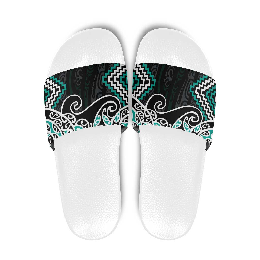 Turquoise Aotearoa Tukutuku Manawa Tapu Slide Sandals Ta Moko Toi Maori - Polynesian Pride