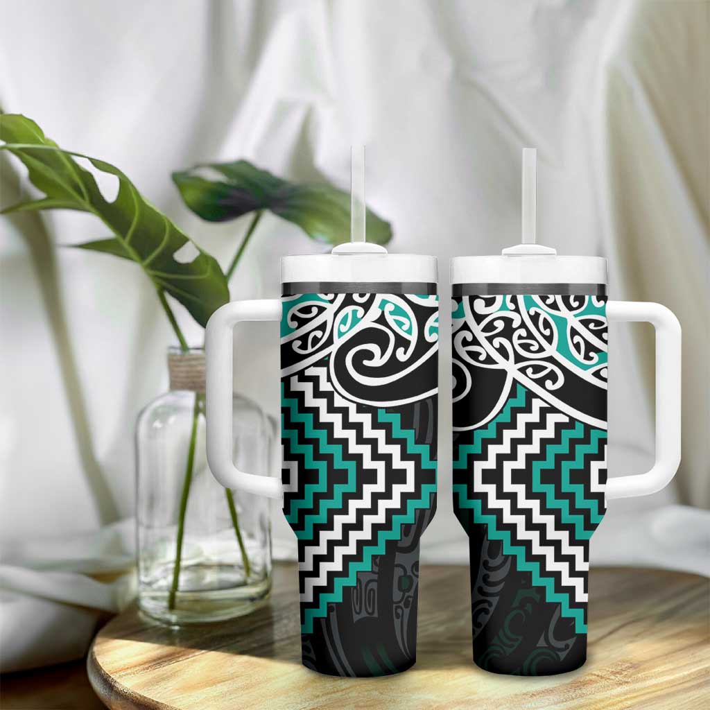 Turquoise Aotearoa Tukutuku Manawa Tapu Tumbler With Handle Ta Moko Toi Maori LT9 - Polynesian Pride