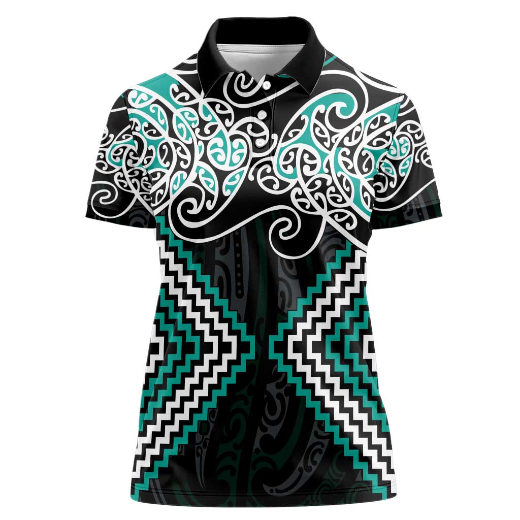 Turquoise Aotearoa Tukutuku Manawa Tapu Women Polo Shirt Ta Moko Toi Maori