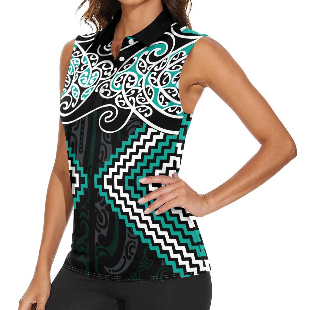 Turquoise Aotearoa Tukutuku Manawa Tapu Women Sleeveless Polo Shirt Ta Moko Toi Maori