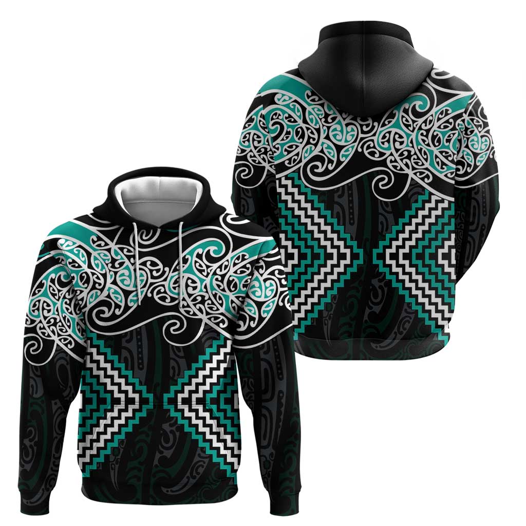 Turquoise Aotearoa Tukutuku Manawa Tapu Zip Hoodie Ta Moko Toi Maori