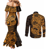 Gold Couple Dolphins Maori Polynesian Style Couples Matching Mermaid Dress and Long Sleeve Button Shirt LT9 - Polynesian Pride