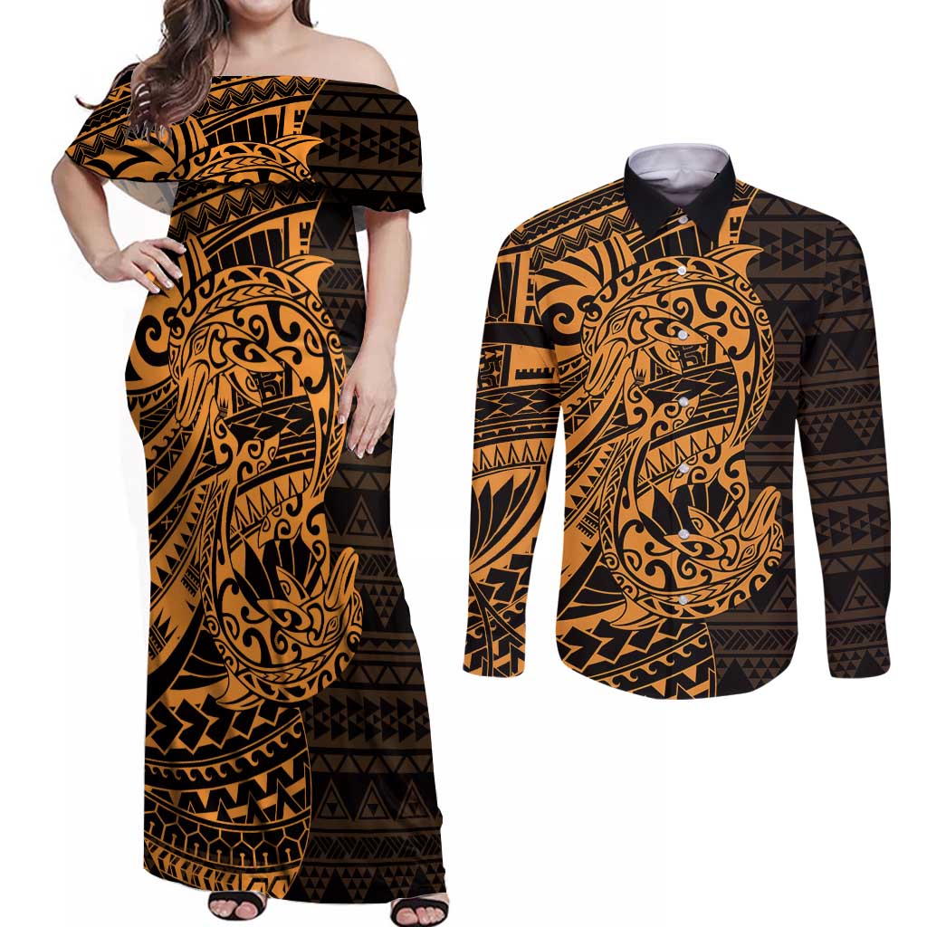 Gold Couple Dolphins Maori Polynesian Style Couples Matching Off Shoulder Maxi Dress and Long Sleeve Button Shirt LT9 Gold - Polynesian Pride