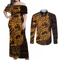Gold Couple Dolphins Maori Polynesian Style Couples Matching Off Shoulder Maxi Dress and Long Sleeve Button Shirt LT9 Gold - Polynesian Pride