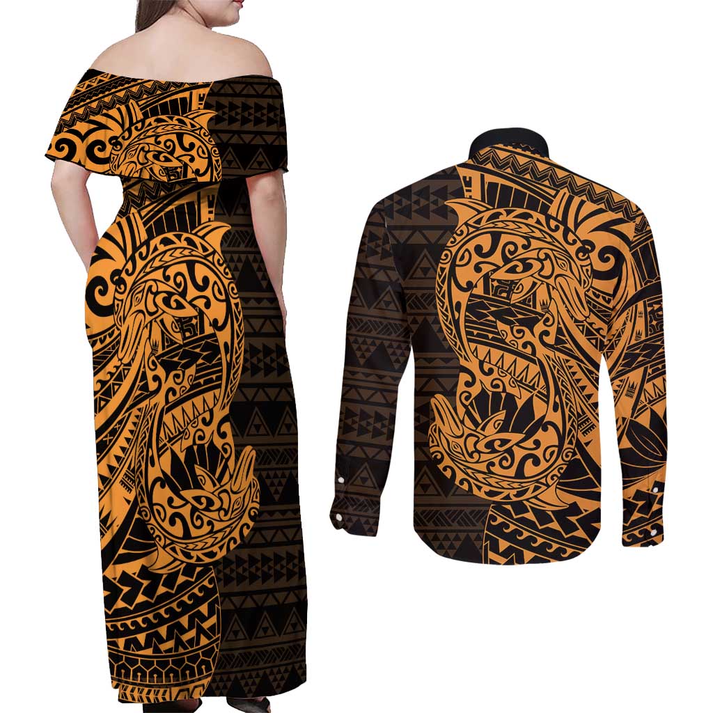 Gold Couple Dolphins Maori Polynesian Style Couples Matching Off Shoulder Maxi Dress and Long Sleeve Button Shirt LT9 - Polynesian Pride