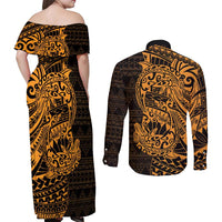 Gold Couple Dolphins Maori Polynesian Style Couples Matching Off Shoulder Maxi Dress and Long Sleeve Button Shirt LT9 - Polynesian Pride