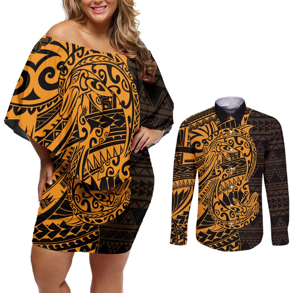 Gold Couple Dolphins Maori Polynesian Style Couples Matching Off Shoulder Short Dress and Long Sleeve Button Shirt LT9 Gold - Polynesian Pride