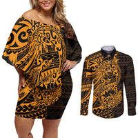 Gold Couple Dolphins Maori Polynesian Style Couples Matching Off Shoulder Short Dress and Long Sleeve Button Shirt LT9 Gold - Polynesian Pride