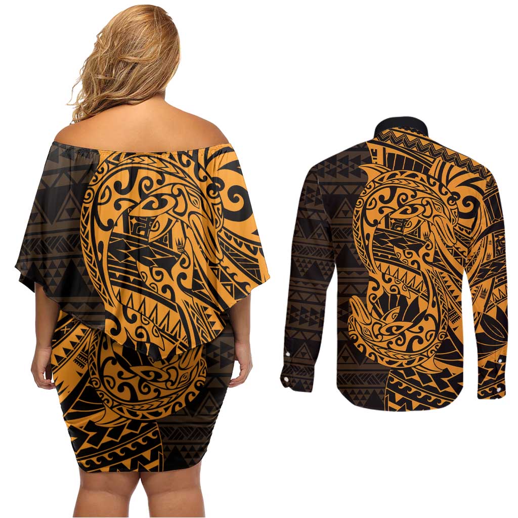 Gold Couple Dolphins Maori Polynesian Style Couples Matching Off Shoulder Short Dress and Long Sleeve Button Shirt LT9 - Polynesian Pride
