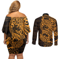 Gold Couple Dolphins Maori Polynesian Style Couples Matching Off Shoulder Short Dress and Long Sleeve Button Shirt LT9 - Polynesian Pride