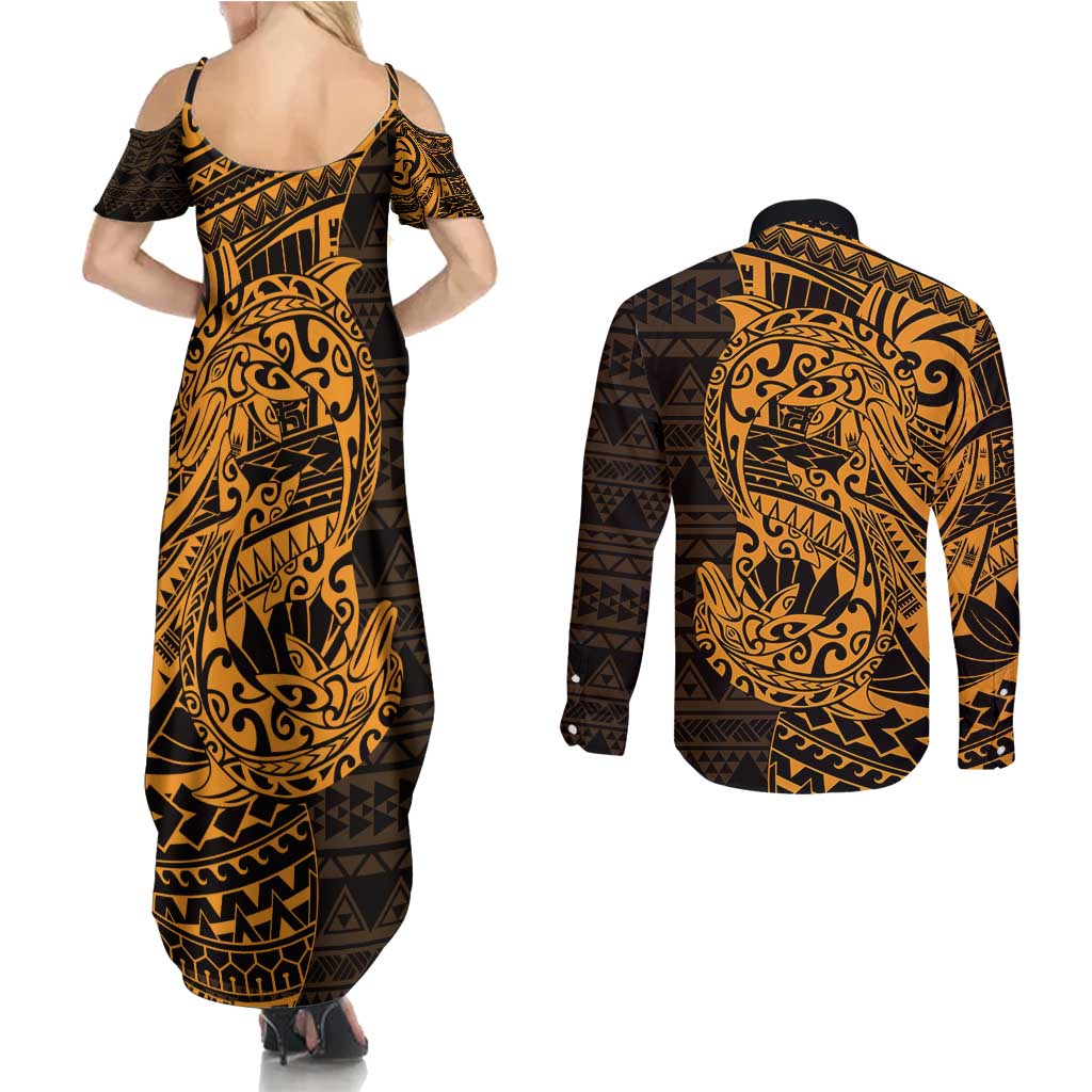 Gold Couple Dolphins Maori Polynesian Style Couples Matching Summer Maxi Dress and Long Sleeve Button Shirt LT9 - Polynesian Pride