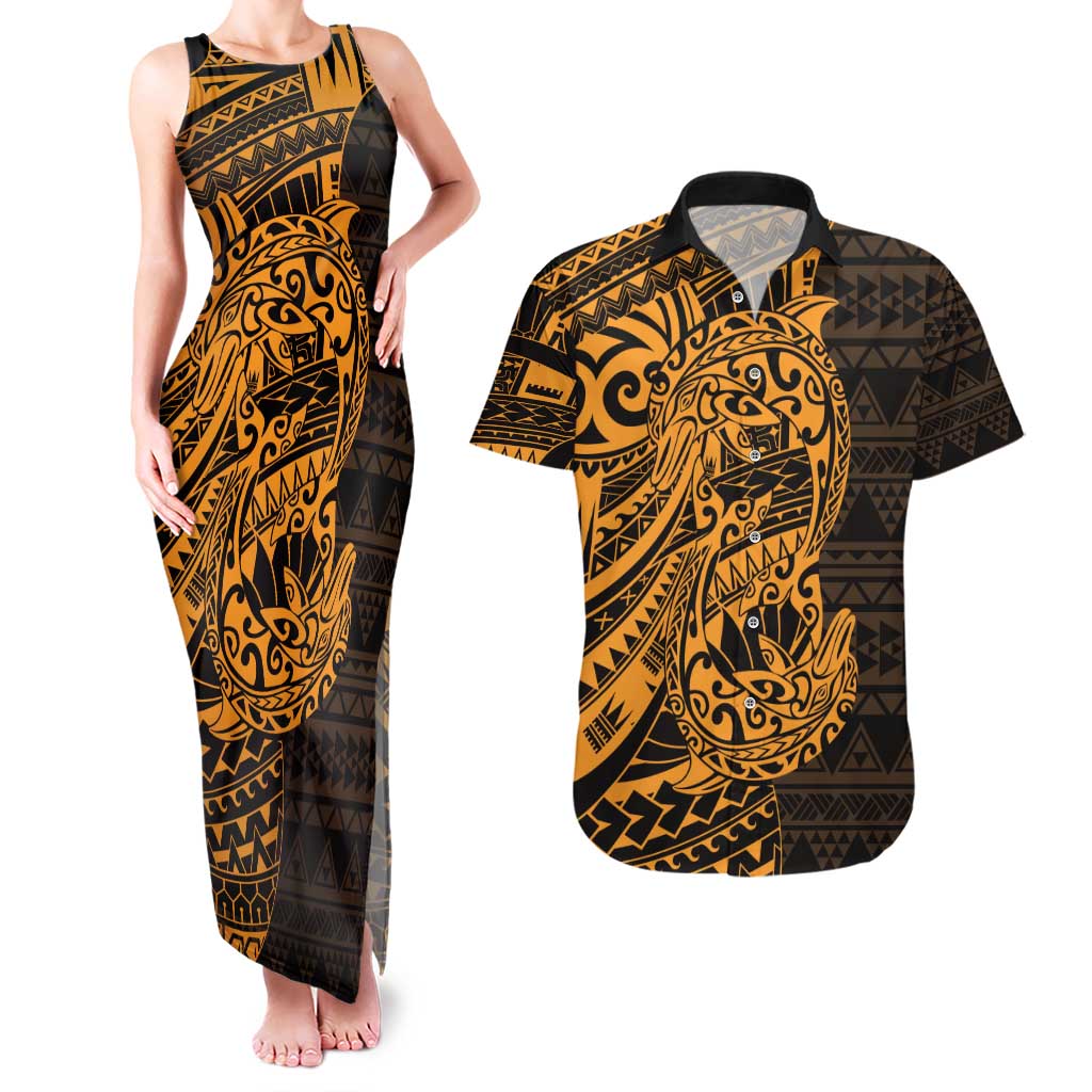 Gold Couple Dolphins Maori Polynesian Style Couples Matching Tank Maxi Dress and Hawaiian Shirt LT9 Gold - Polynesian Pride