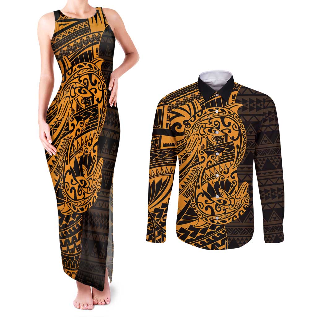 Gold Couple Dolphins Maori Polynesian Style Couples Matching Tank Maxi Dress and Long Sleeve Button Shirt LT9 Gold - Polynesian Pride