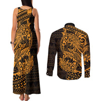 Gold Couple Dolphins Maori Polynesian Style Couples Matching Tank Maxi Dress and Long Sleeve Button Shirt LT9 - Polynesian Pride