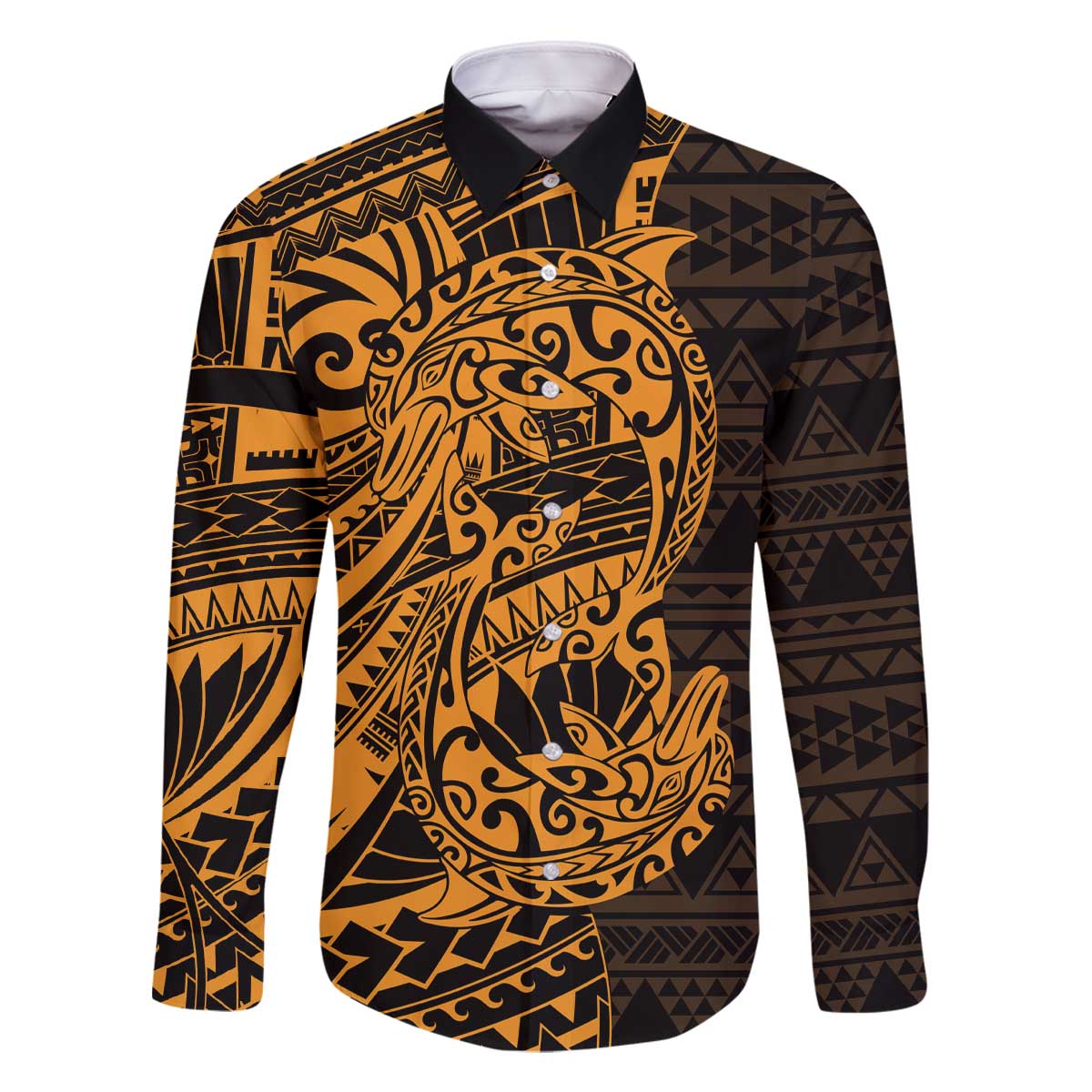 Gold Couple Dolphins Maori Polynesian Style Family Matching Off The Shoulder Long Sleeve Dress and Hawaiian Shirt