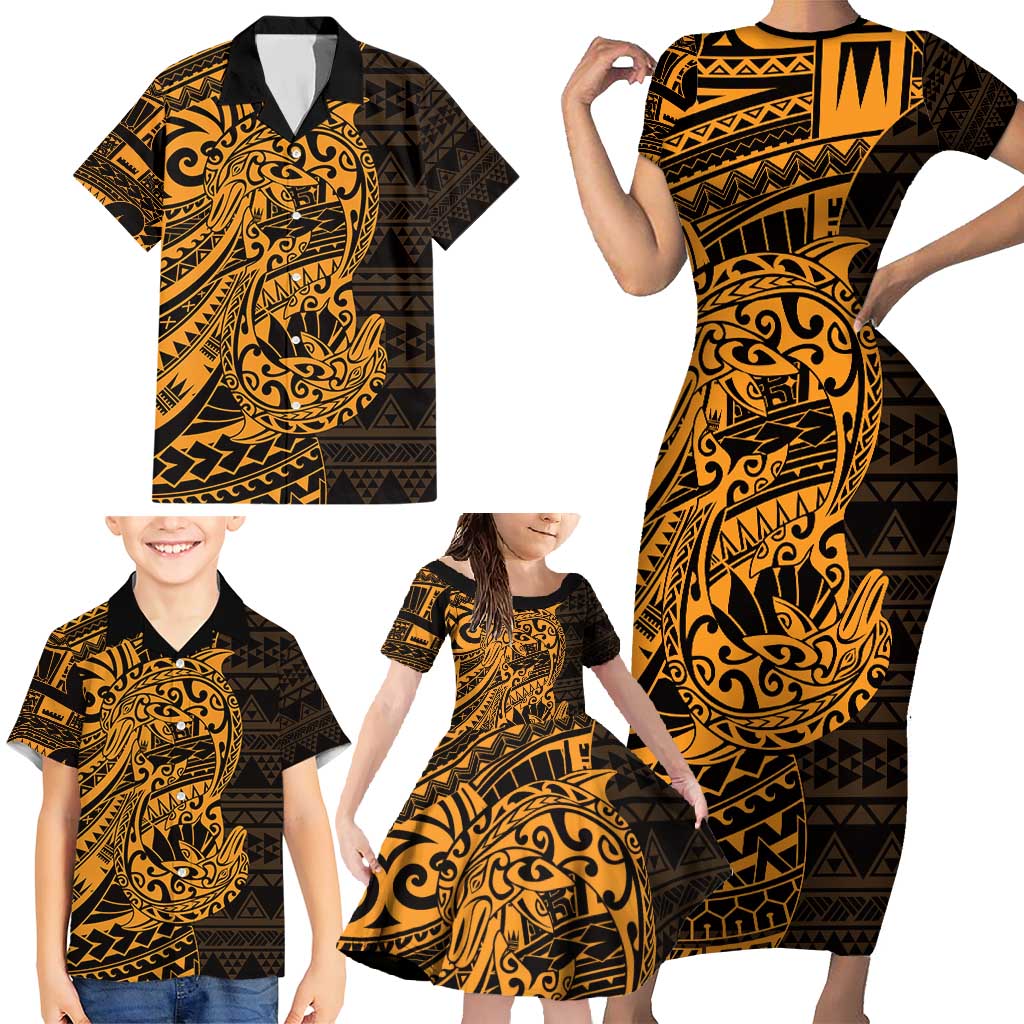 Gold Couple Dolphins Maori Polynesian Style Family Matching Short Sleeve Bodycon Dress and Hawaiian Shirt