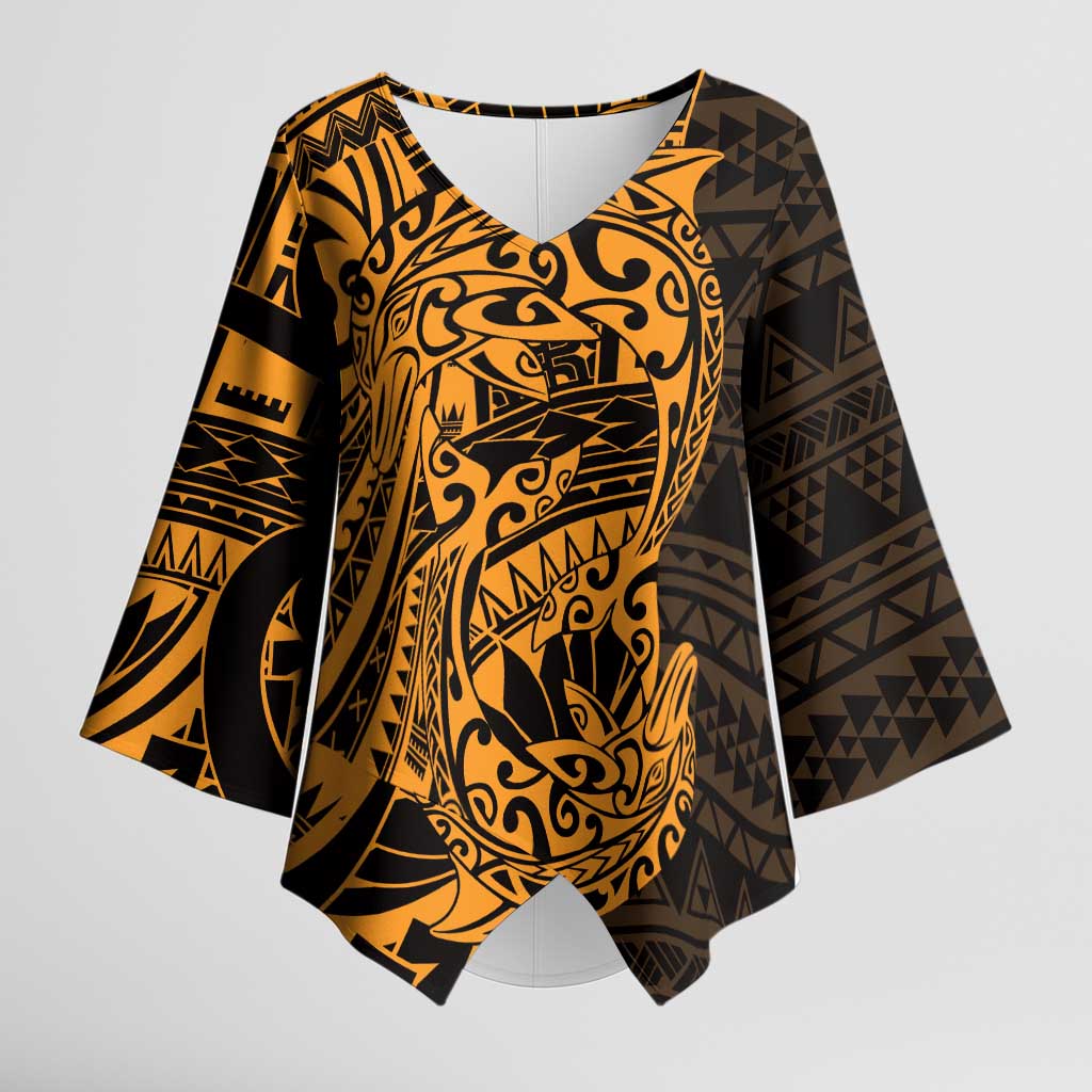 Gold Couple Dolphins Maori Polynesian Style Kimono Sleeve Blouse - Polynesian Pride
