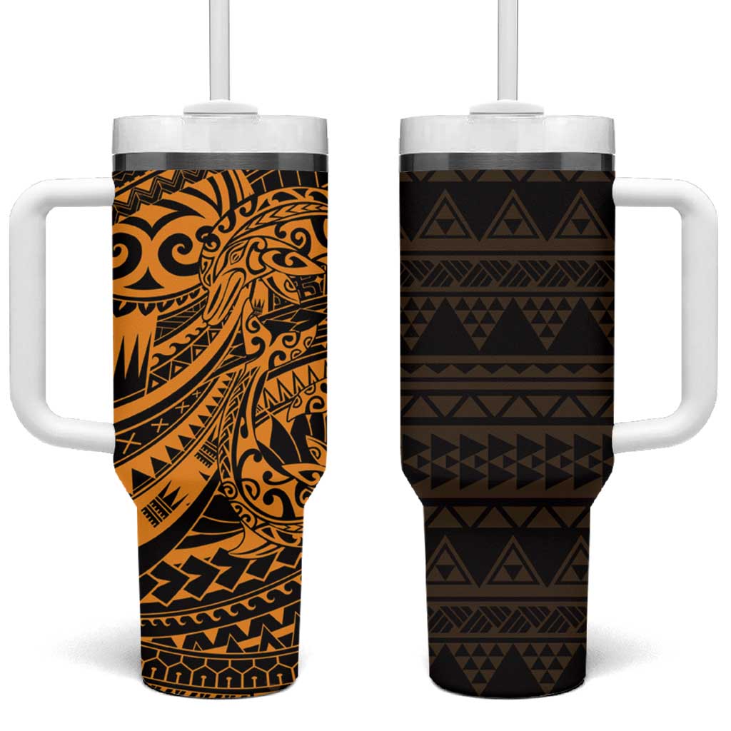 Gold Couple Dolphins Maori Polynesian Style Tumbler With Handle LT9 One Size: 40 oz Gold - Polynesian Pride