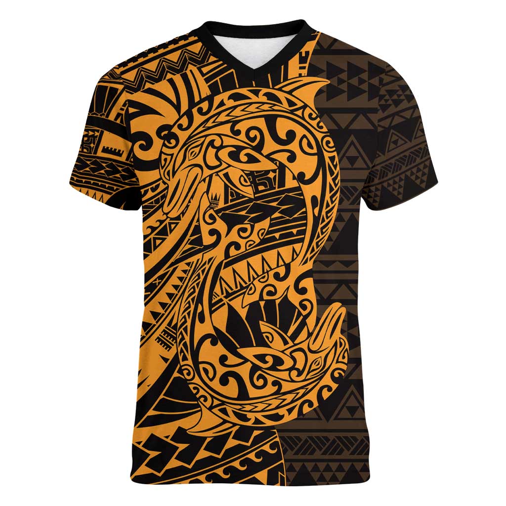 Gold Couple Dolphins Maori Polynesian Style Women V-Neck T-Shirt LT9 Female Gold - Polynesian Pride