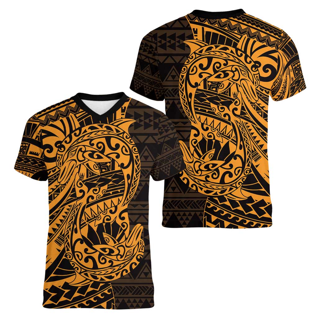 Gold Couple Dolphins Maori Polynesian Style Women V-Neck T-Shirt LT9 - Polynesian Pride