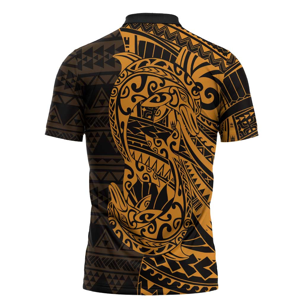 Gold Couple Dolphins Maori Polynesian Style Zipper Polo Shirt - Polynesian Pride