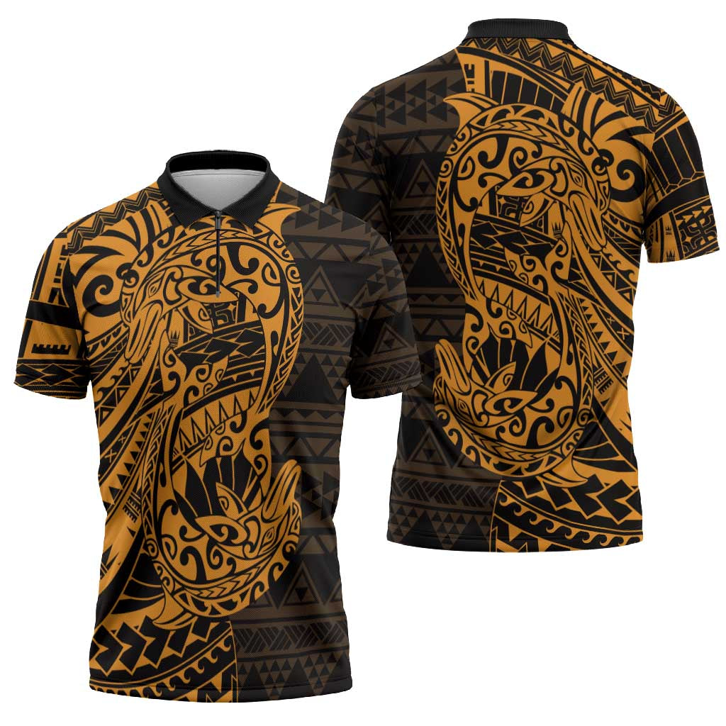 Gold Couple Dolphins Maori Polynesian Style Zipper Polo Shirt - Polynesian Pride