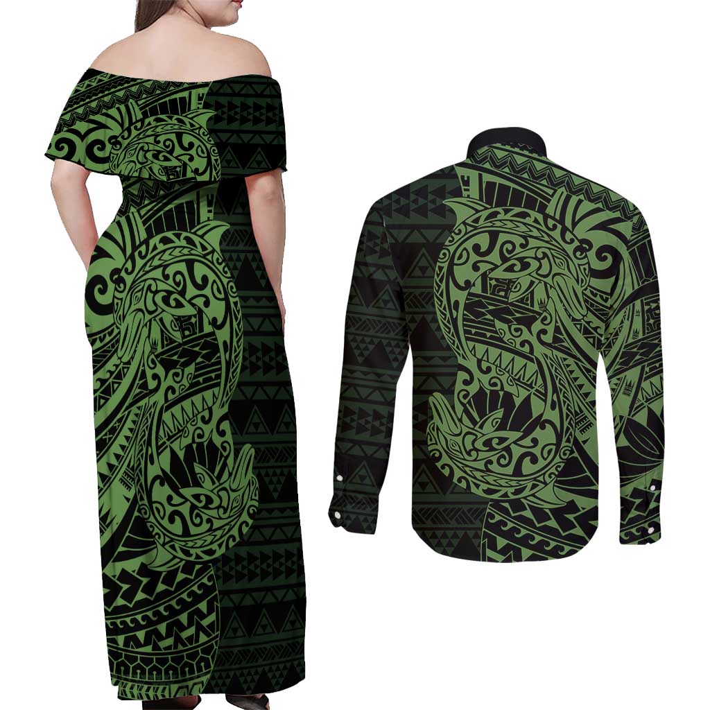 Green Couple Dolphins Maori Polynesian Style Couples Matching Off Shoulder Maxi Dress and Long Sleeve Button Shirt LT9 - Polynesian Pride