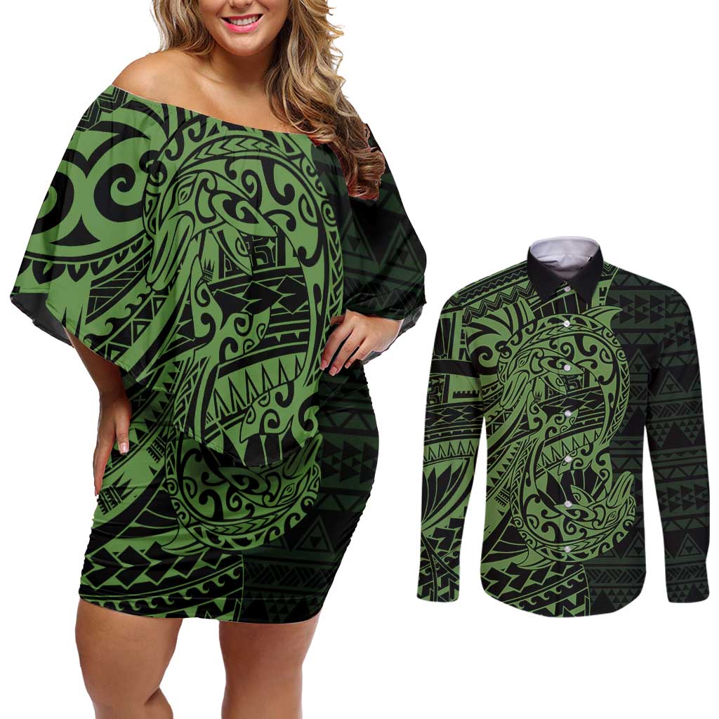 Green Couple Dolphins Maori Polynesian Style Couples Matching Off Shoulder Short Dress and Long Sleeve Button Shirt LT9 Green - Polynesian Pride