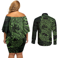 Green Couple Dolphins Maori Polynesian Style Couples Matching Off Shoulder Short Dress and Long Sleeve Button Shirt LT9 - Polynesian Pride