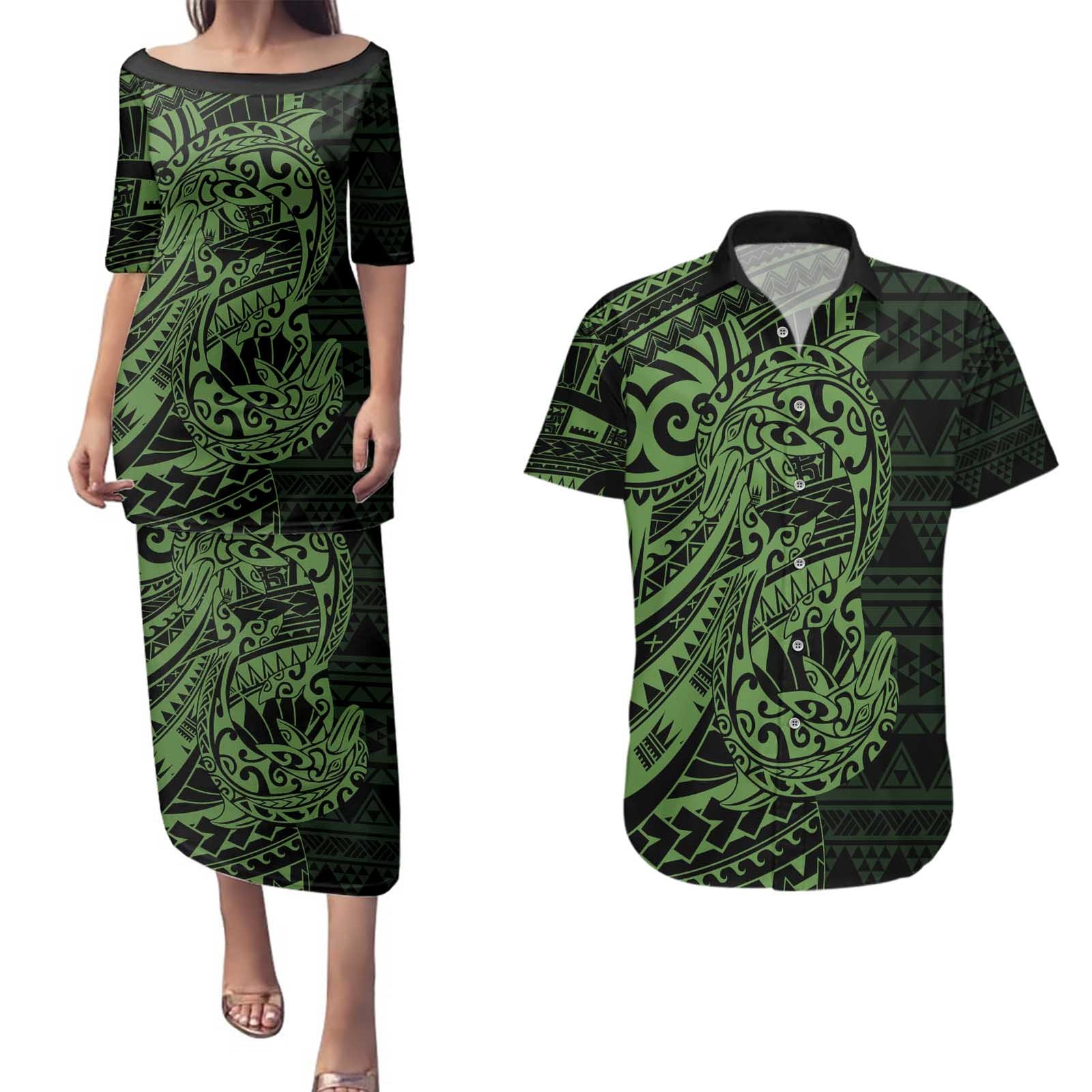 Green Couple Dolphins Maori Polynesian Style Couples Matching Puletasi and Hawaiian Shirt LT9 Green - Polynesian Pride