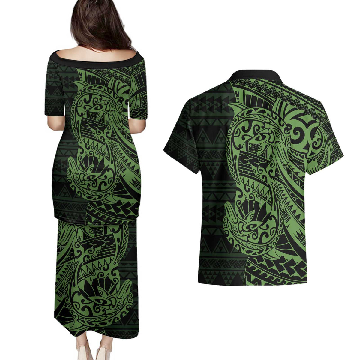 Green Couple Dolphins Maori Polynesian Style Couples Matching Puletasi and Hawaiian Shirt LT9 - Polynesian Pride