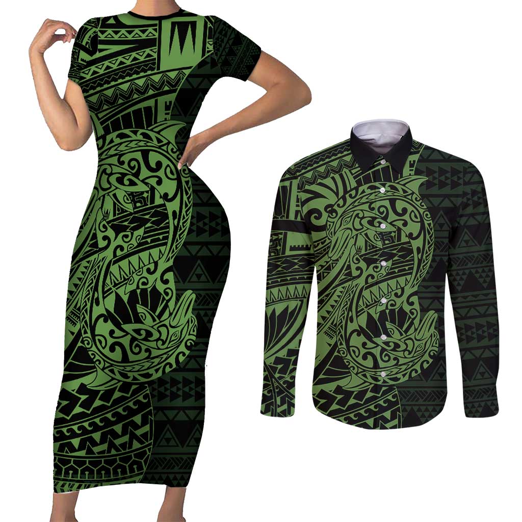 Green Couple Dolphins Maori Polynesian Style Couples Matching Short Sleeve Bodycon Dress and Long Sleeve Button Shirt LT9 Green - Polynesian Pride