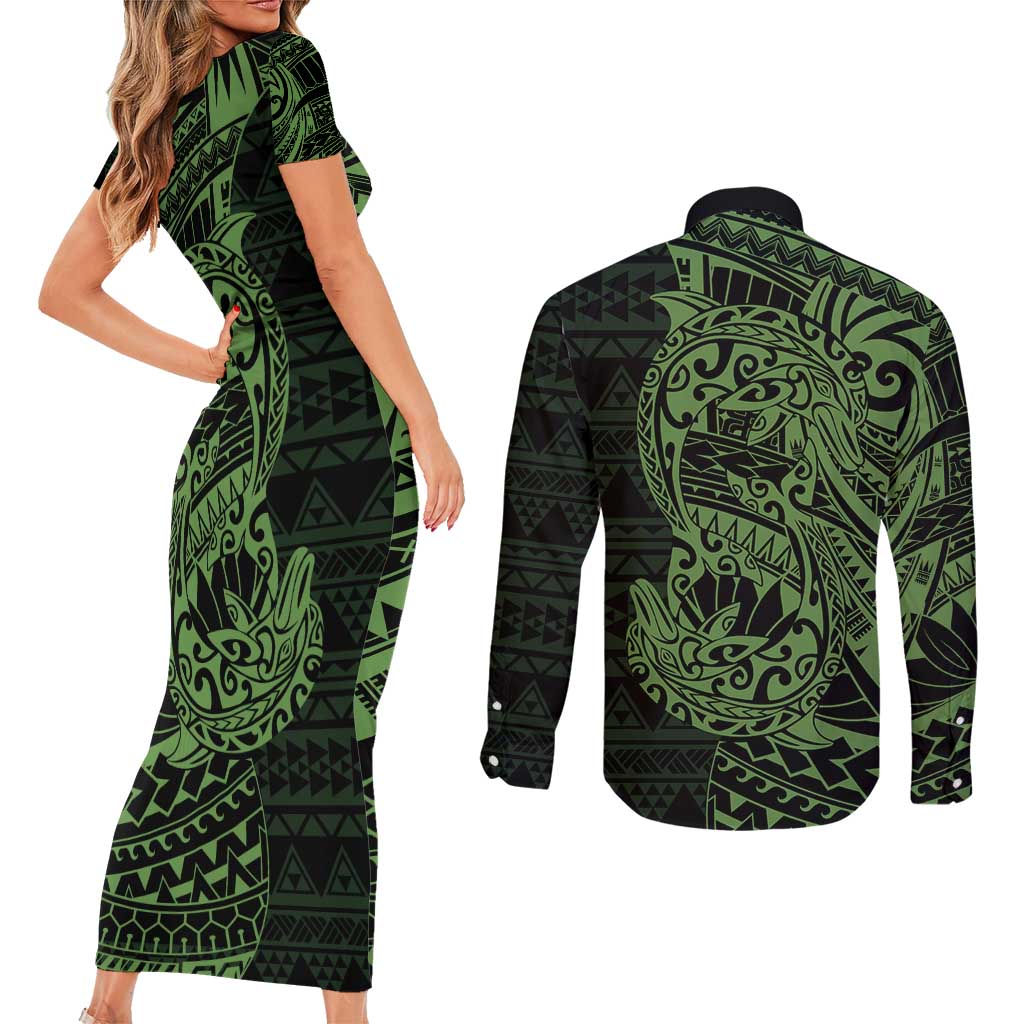 Green Couple Dolphins Maori Polynesian Style Couples Matching Short Sleeve Bodycon Dress and Long Sleeve Button Shirt LT9 - Polynesian Pride