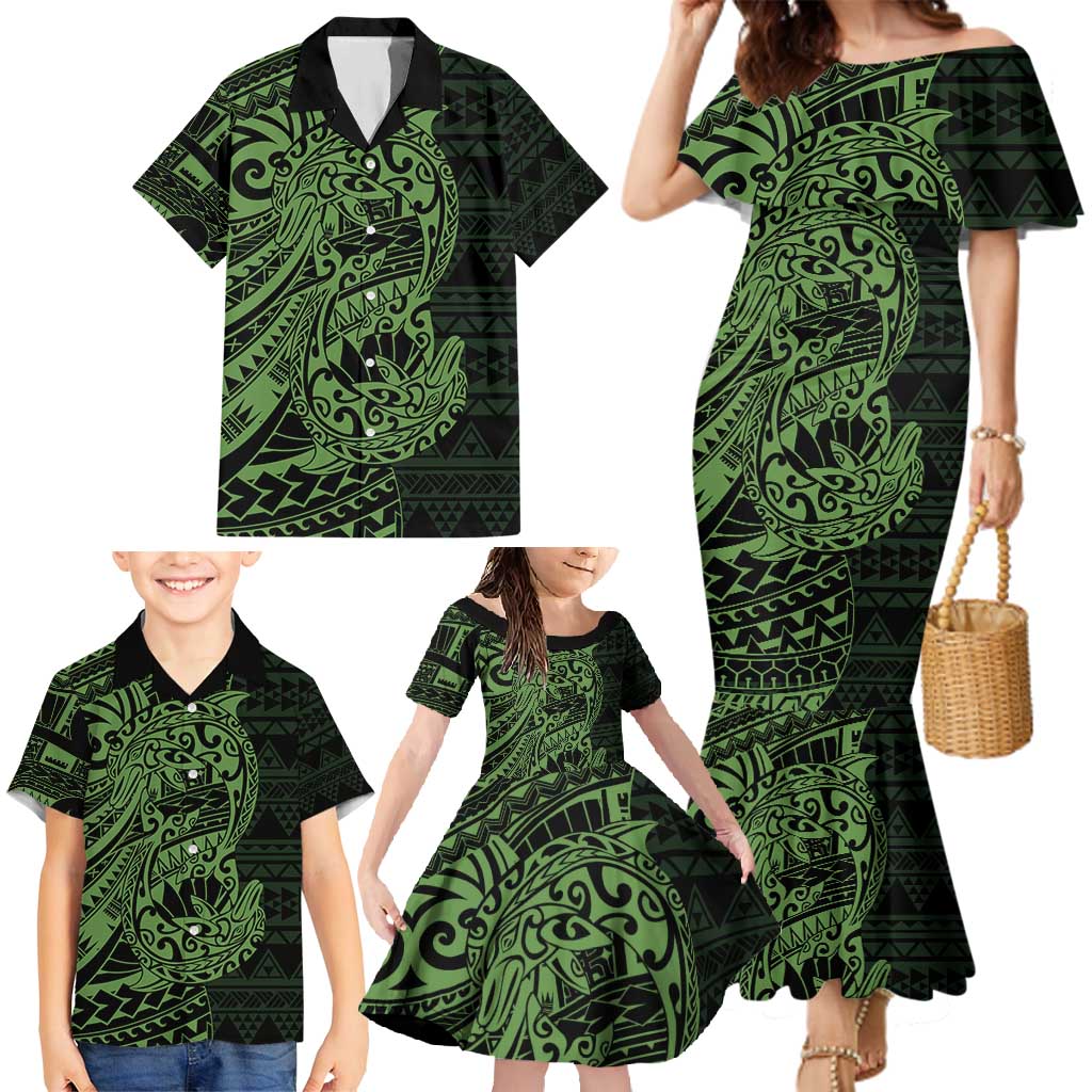 Green Couple Dolphins Maori Polynesian Style Family Matching Mermaid Dress and Hawaiian Shirt