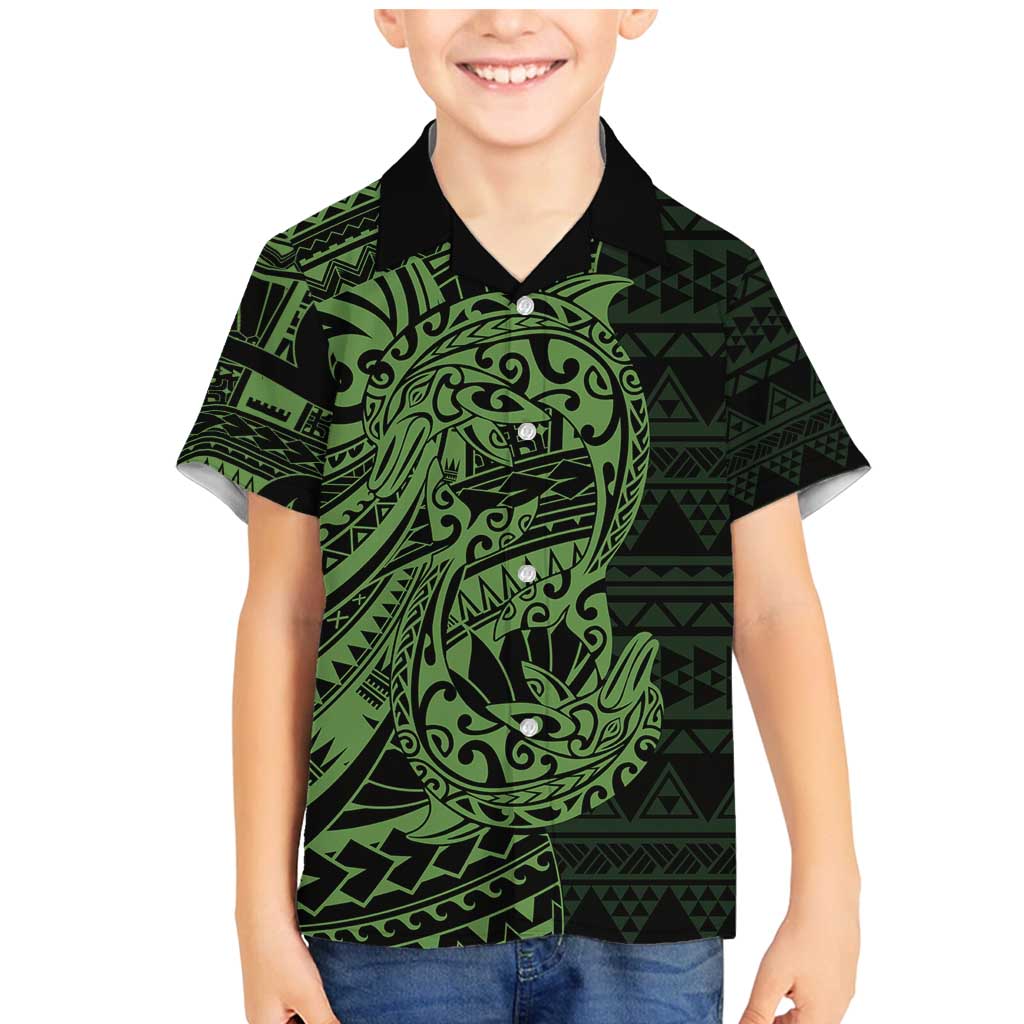 Green Couple Dolphins Maori Polynesian Style Family Matching Mermaid Dress and Hawaiian Shirt